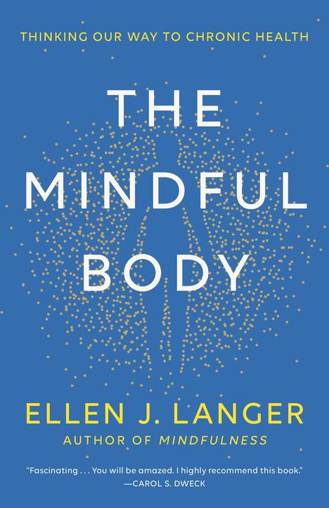 Der Titel „THE MINDFUL BODY“ steht zentral, umgeben von goldenen Punkten auf blauem Hintergrund.