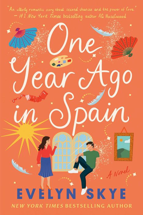 „One Year Ago in Spain“ von Evelyn Skye, lebendige Illustration mit Fächern, Feder, Sonne und zwei Personen vor Fenstern.