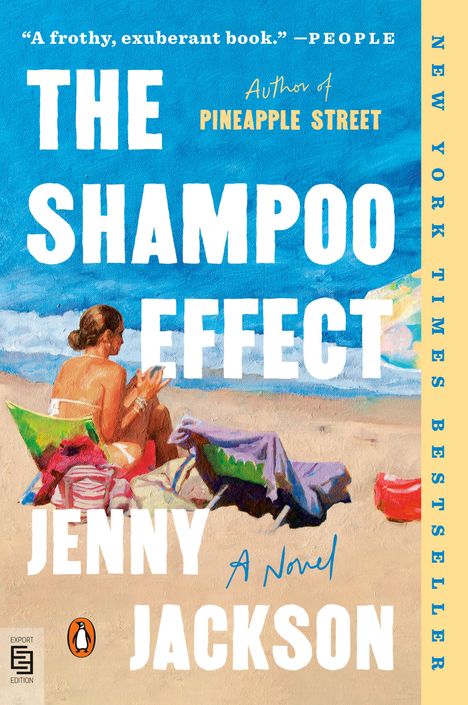 „THE SHAMPOO EFFECT“ von Jenny Jackson, New York Times Bestseller. Illustration einer Frau am Strand.