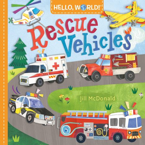Oben steht "Rescue Vehicles". Bunte Rettungsfahrzeuge wie Hubschrauber und Feuerwehrauto auf einer Straße.