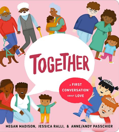 "TOGETHER" in großer, roter Schrift in einer Sprechblase. Diverse Menschen in fröhlichen Interaktionen.