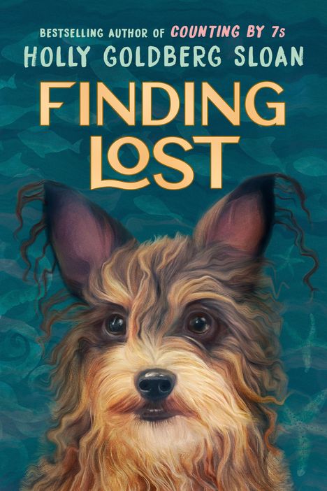 Text: „FINDING LOST“, „HOLLY GOLDBERG SLOAN“. Illustration: Ein Hund mit langem, wuscheligem Fell vor einem blauen Hintergrund.