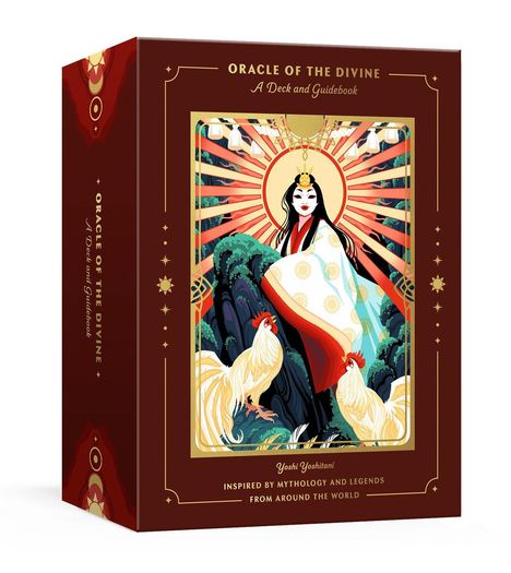 „Oracle of the Divine: A Deck and Guidebook“ steht oben. Illustration mit Frau im Kimono und Hähnen vor Sonnenstrahlen.