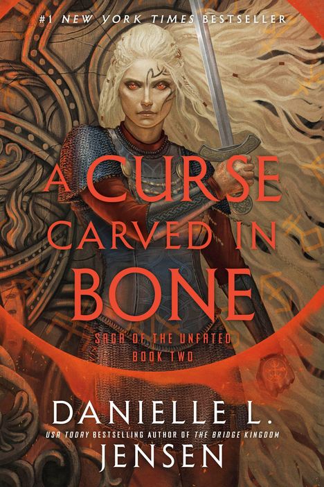 Text: "#1 New York Times Bestseller", "A Curse Carved in Bone", "Saga of the Unfated Book Two", "Danielle L. Jensen". 

Illustration: Eine imposante Kriegerin mit weißem Haar, Rüstung und Schwert.   
