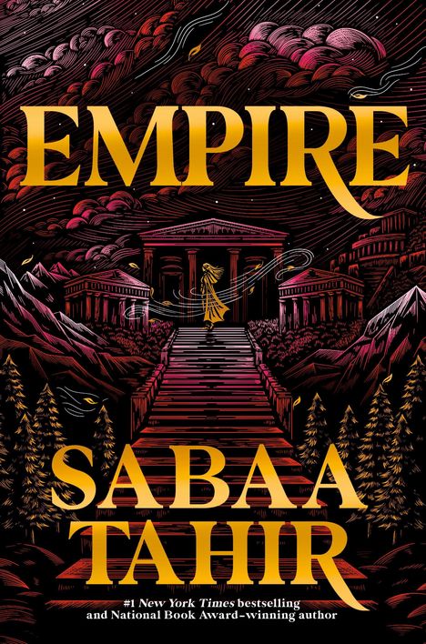 Text: "EMPIRE", "Sabaa Tahir". Illustration: Eine Person steigt Treppen zu einem Tempel empor, umgeben von Bergen und Bäumen.