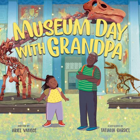 „MUSEUM DAY WITH GRANDPA“. Ein älterer Mann und ein Mädchen stehen vor Dinosaurierskeletten in einem Museum.