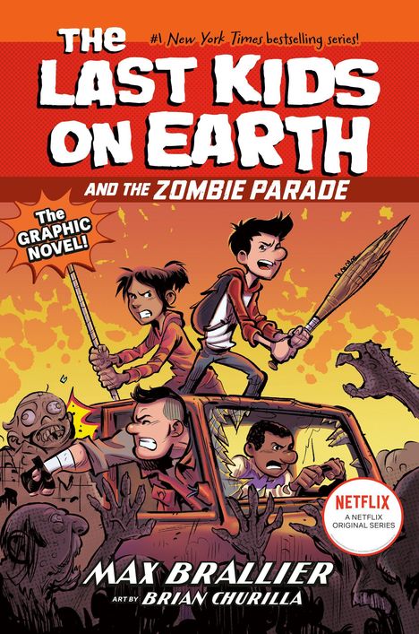 "The Last Kids on Earth and the Zombie Parade" Graphic Novel. Kinder in einem Auto kämpfen gegen Zombies, farbenfrohe Illustration.