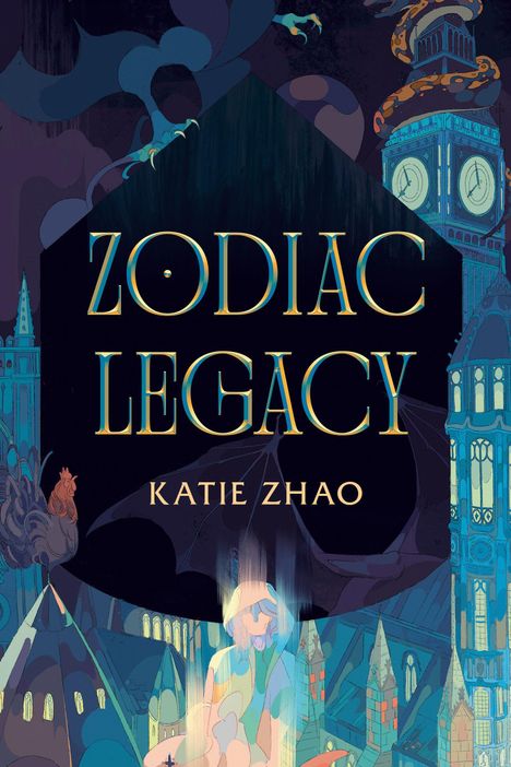 "ZODIAC LEGACY" und "KATIE ZHAO". Illustration von Gebäuden im Dunkeln, ein Drache und eine Figur im Vordergrund.