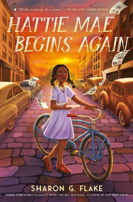 „Hattie Mae Begins Again“ von Sharon G. Flake. Ein Mädchen mit einem blauen Fahrrad in einer sonnigen Straße.