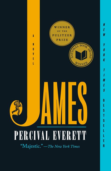 "Winner of the Pulitzer Prize." "National Book Award Winner." "JAMES." "Percival Everett." Gelbes "J" mit kleiner Figur.