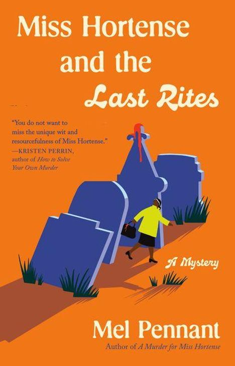 „Miss Hortense and the Last Rites“ steht in großer Schrift oben. Eine Frau mit einem Koffer läuft durch einen Friedhof.