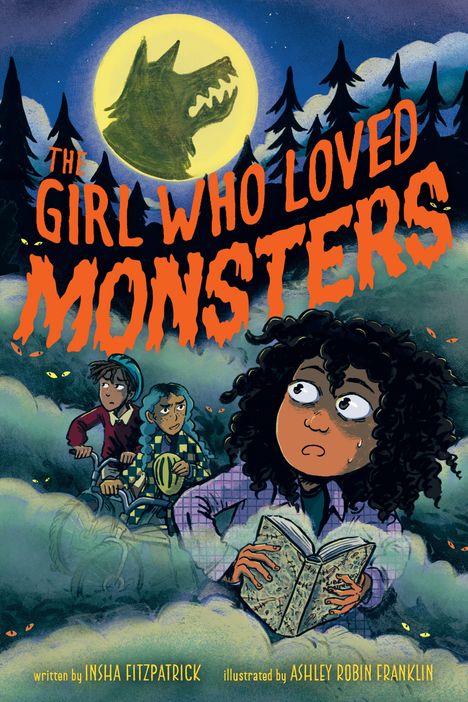 Text: "The Girl Who Loved Monsters". Illustration: Mädchen mit Buch vor wolkigem Wald, Wolfsschatten im Mond.
