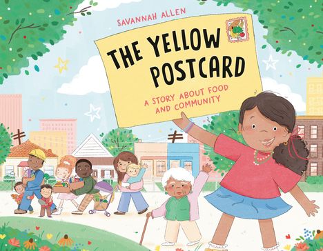 „THE YELLOW POSTCARD“ steht groß auf einer Karte. Kinder, Erwachsene und Senioren, bunt und fröhlich, bilden eine Gruppe.