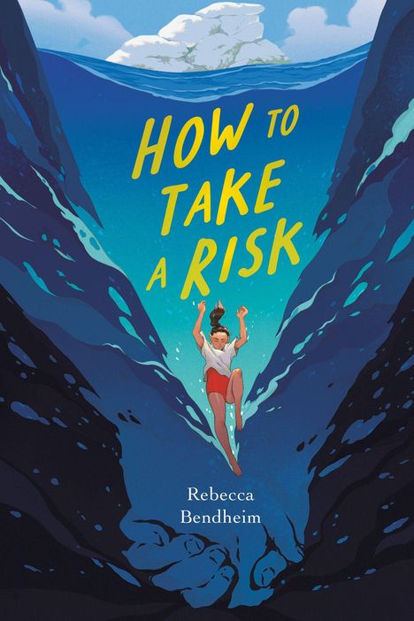 "HOW TO TAKE A RISK" in gelben Buchstaben. Eine Illustration zeigt eine Person, die in tiefes Wasser springt.