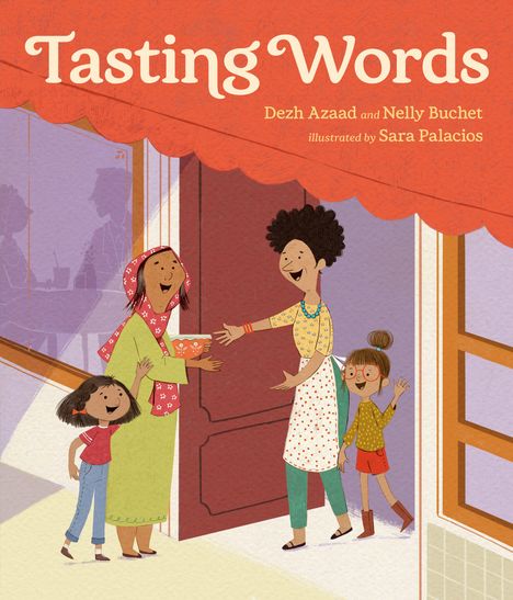 "Tasting Words", Dezh Azaad und Nelly Buchet. Zwei Frauen und zwei Mädchen begrüßen sich freundlich an einer Tür.