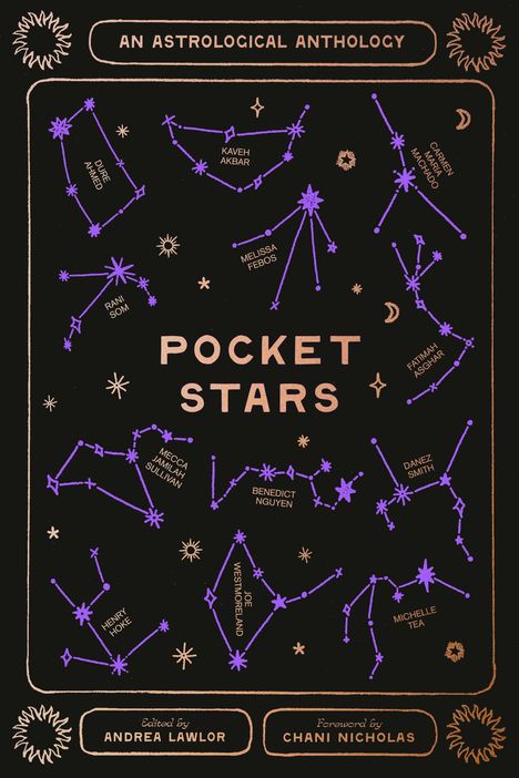 Titel: Pocket Stars. Eine astrologische Anthologie, herausgegeben von Andrea Lawlor. Violette Sternbilder auf schwarzem Hintergrund.