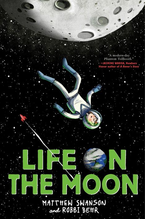 „LIFE ON THE MOON“ in grüner Schrift. Ein Astronaut schwebt im Weltraum unter einem großen Mond.