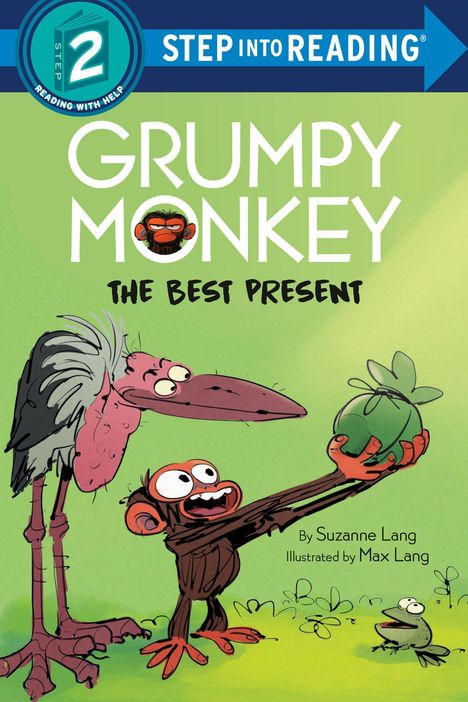 "Step into Reading. Grumpy Monkey: The Best Present." Ein Affe hebt freudig ein grünes Geschenk hoch, neben einem überrascht schauenden Vogel.