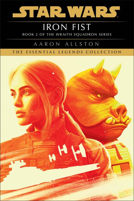 „STAR WARS“, „IRON FIST“, „AARON ALLSTON“. Frau mit Pferdeschwanz, Aliens, Raumschiffe, alles in Rot-Orange-Tönen.