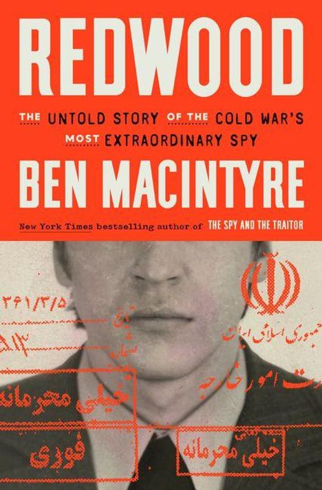 "REDWOOD" und "BEN MACINTYRE" in großen Buchstaben, darunter ein Schwarz-Weiß-Foto, überlagert von rotem persischem Text.