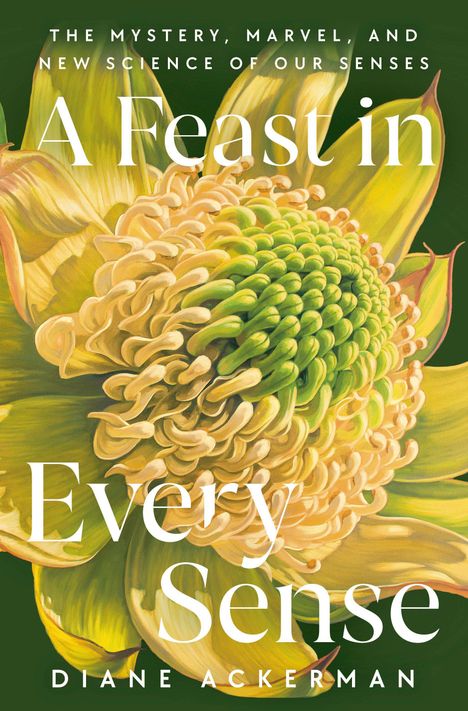 "A Feast in Every Sense" von Diane Ackerman. Darunter eine detaillierte Zeichnung einer gelben Blume mit grüner Mitte.
