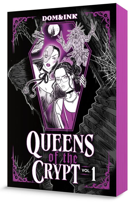"DOM&INK" oben, "QUEENS OF THE CRYPT VOL. 1" unten. Illustration: Figuren in lila Sarg, umgeben von Spinnweben.