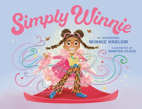 "Simply Winnie" ist in großer rosa Schrift zu sehen. Ein fröhliches Kind in bunter Kleidung steht auf einem roten Teppich.