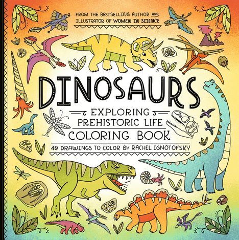 "DINOSAURS" in großen Buchstaben, umgeben von bunten Dinosauriern, Pflanzen und prähistorischen Symbolen.