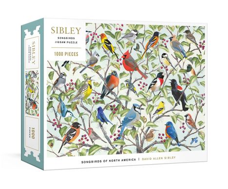 Text: "SIBLEY SONG BIRDS JIGSAW PUZZLE 1000 PIECES". Darstellung diverser Singvögel auf Ästen mit Blättern und Beeren.