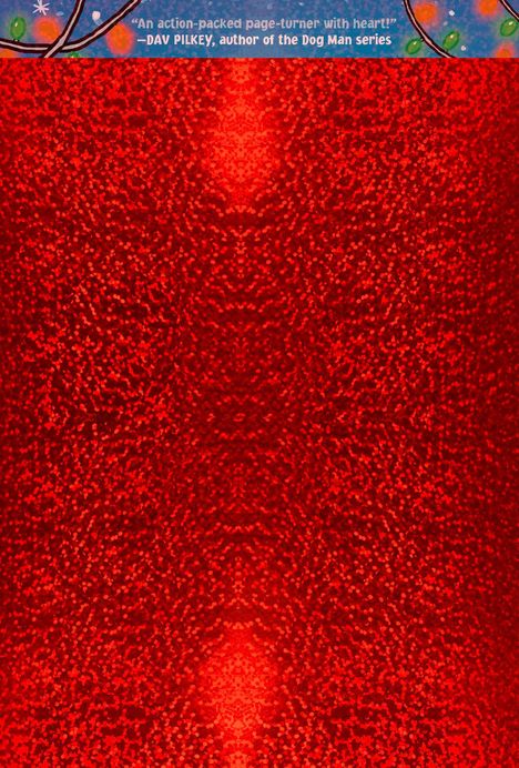 Text: "An action-packed page-turner with heart!" Rotes, funkelndes Muster, mit dekorativen Elementen oben.