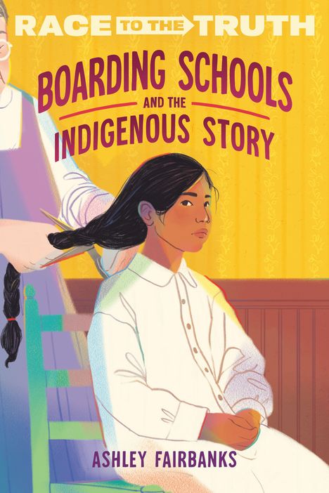 "Race to the truth: Boarding Schools and the Indigenous Story" zeigt ein Mädchen, dessen Haar geflochten wird, und eine Person.