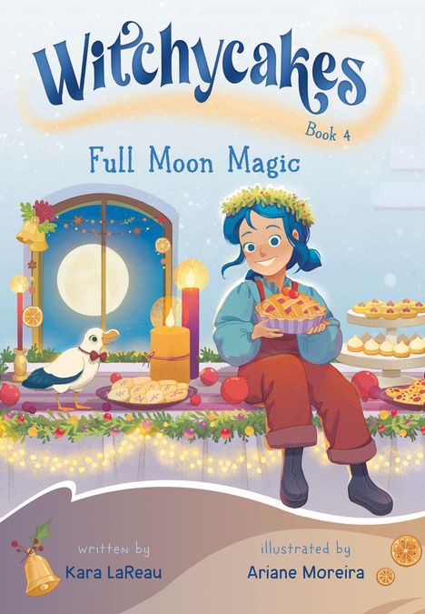 "Witchycakes, Full Moon Magic, Book 4" zeigt ein Mädchen mit blauen Haaren, das einen Kuchen hält, neben einer Möwe.
