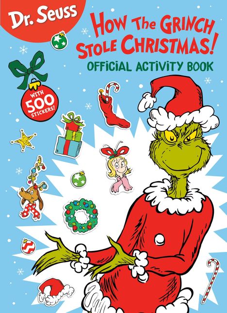 „How The Grinch Stole Christmas! Official Activity Book“. Illustrationen des Grinch in einem roten Weihnachtsanzug und weihnachtlichen Motiven.