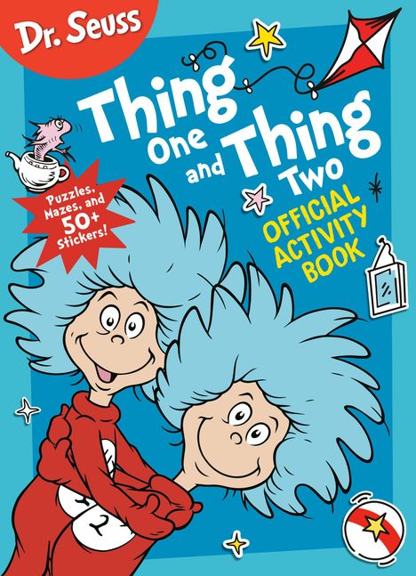 Text: "Thing One and Thing Two OFFICIAL ACTIVITY BOOK". Dr. Seuss’ Charaktere mit blauen Haaren und roten Anzügen.