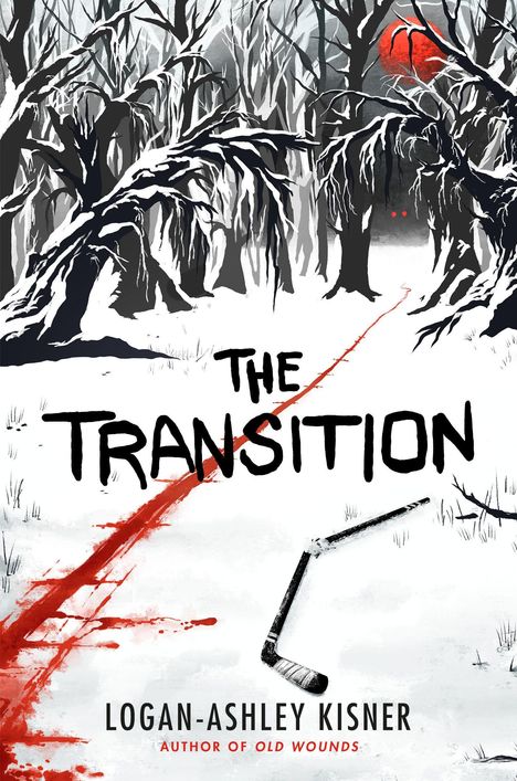 "The Transition", von Logan-Ashley Kisner, vor winterlichem Wald, roter Weg, gebrochener Hockeyschläger, rote Augen im Hintergrund.