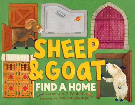 "Sheep & Goat Find a Home". Illustration mit Schaf und Ziege, umgeben von Türen und einem Planetenaufkleber.