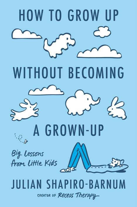 „How to Grow Up Without Becoming a Grown-Up“ oben, „Julian Shapiro-Barnum“ unten. Wolken in Tierform und Figur mit Hund.