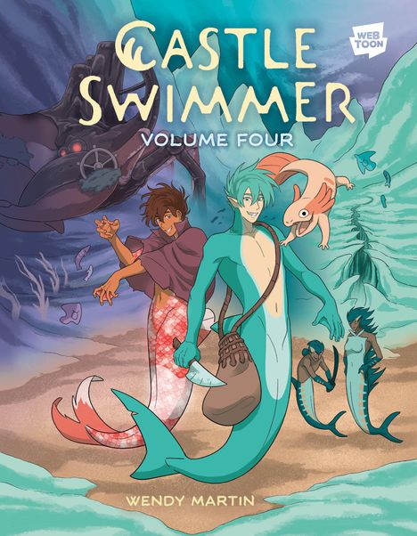 „Castle Swimmer Volume Four“ und „Wendy Martin“. Zwei Meerjungwesen, eine Kreatur und ein riesiges Unterwasserfahrzeug.