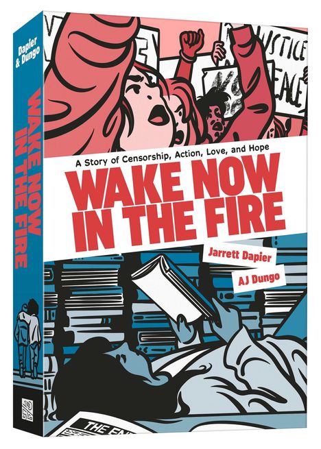 Titel: "WAKE NOW IN THE FIRE". Illustration einer Demo, Menschen mit Schildern, eine Lesende im Vordergrund.