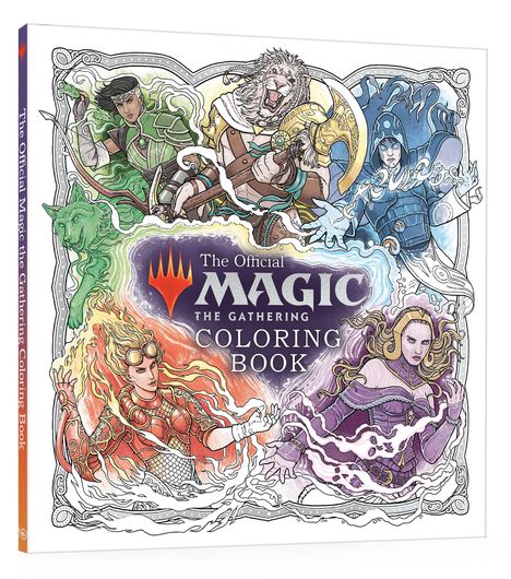 "The Official Magic: The Gathering Coloring Book" in der Mitte, umgeben von fantasievollen Charakteren in verschiedenen Farben.
