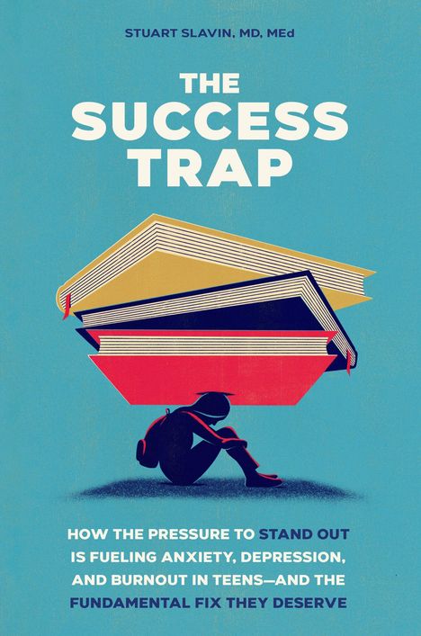 "The Success Trap" in großer Schrift. Illustration: Person sitzt unter Druck von großen Büchern, blau-roter Farbhintergrund.