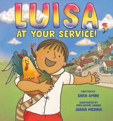 "LUISA, AT YOUR SERVICE!" Eine fröhliche Figur in Rot trägt einen Hahn. Häuser und Palmen im Hintergrund.