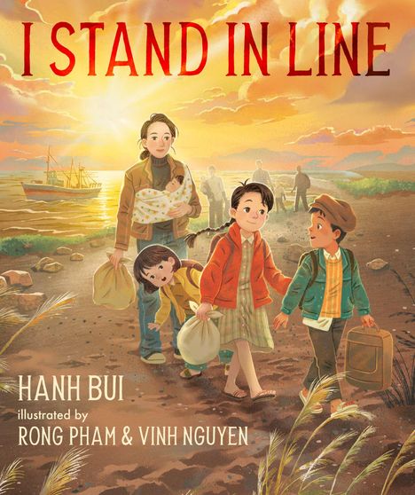 "I Stand in Line." Illustration von Hanh Bui zeigt eine Familie mit Taschen, die einen Weg bei Sonnenuntergang entlanggeht.