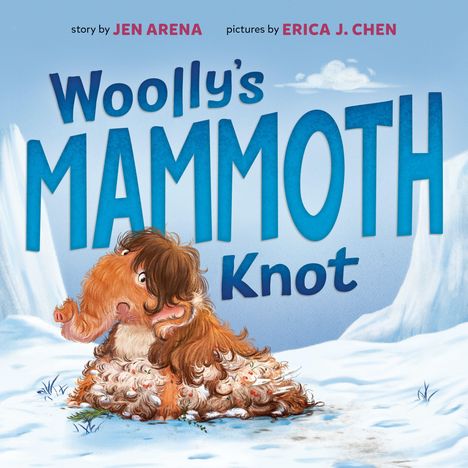 "Woolly's Mammoth Knot" in großer Schrift. Niedlicher Mammut mit zotteligem Fell sitzt auf Schnee, Berge im Hintergrund.