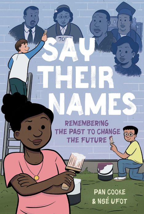 „SAY THEIR NAMES“ in Großbuchstaben, darunter „REMEMBERING THE PAST TO CHANGE THE FUTURE“. Zwei Personen malen Porträts an eine Wand.