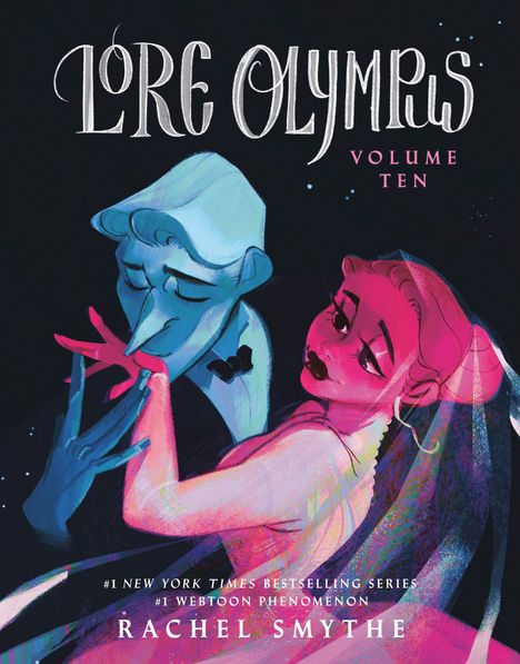 „Lore Olympus Volume Ten“; Illustration zweier Figuren in Blau und Pink, im Stil eines modernen Gemäldes.