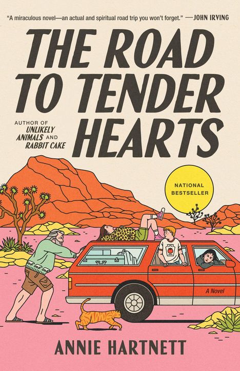 Text: "The Road to Tender Hearts" von Annie Hartnett. Illustration: Menschen und rote Limousine in Wüstenlandschaft.