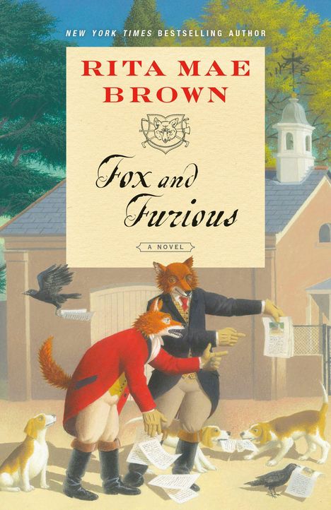 Titel: "Fox and Furious". Illustration zweier Füchse in Kleidung, einige Hunde und Vögel. Ein Fuchs zeigt auf ein Dokument.