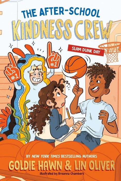 THE AFTER-SCHOOL KINDNESS CREW in großen Buchstaben. Drei Kinder, eines im Kostüm, eines schreibt, eines wirbelt einen Basketball. 
