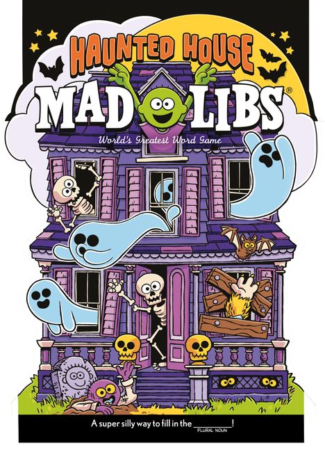 "Haunted House Mad Libs. World's Greatest Word Game. Ein violettes Geisterhaus mit Geistern, Skeletten und Fledermäusen."